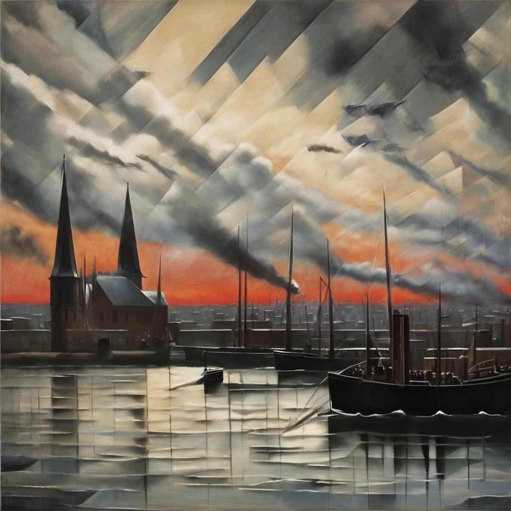 Άνθρωποι συγκεντρώνονται δίπλα σε πορθμό με πλοία, με ηλιοβασίλεμα στον ορίζοντα και εντυπωσιακό ουρανό.