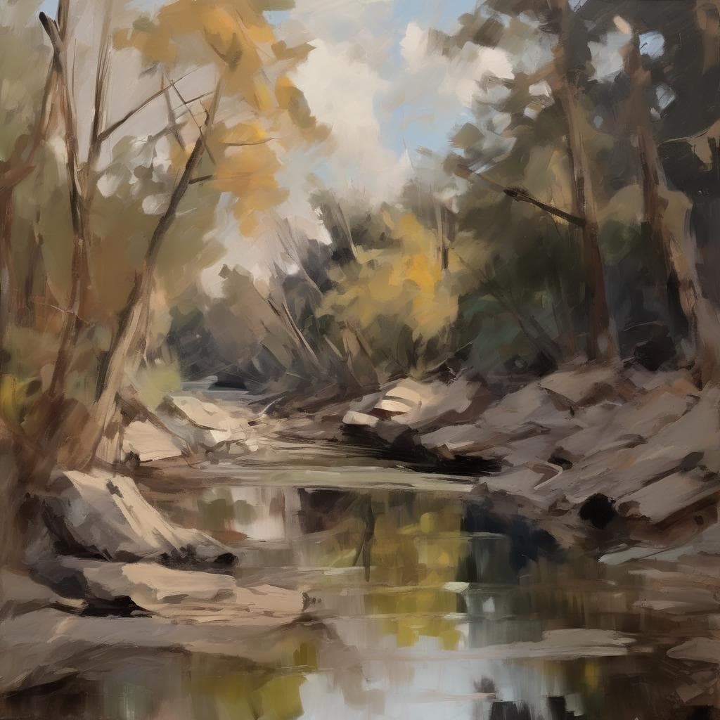 Νύχτα στο δάσος με ποτάμι και φωτεινά χρώματα, συλλογικό βίωμα στην εικόνα.