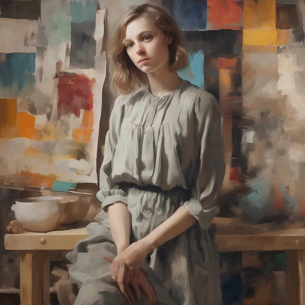 Νεαρή γυναίκα σε καμβά ζωγραφικής, εκφραστική και συγκινητική απεικόνιση το συλλογικό βίωμα στην εικόνα.